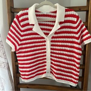 Old Navy Red & White Striped Open-Knit Pullover
